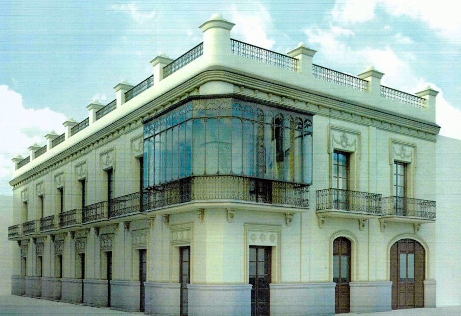 Infografía de la Casa Millán rehabilitada: edificio de esquina con mirador acristalado, balcones de forja y balaustrada en cubierta